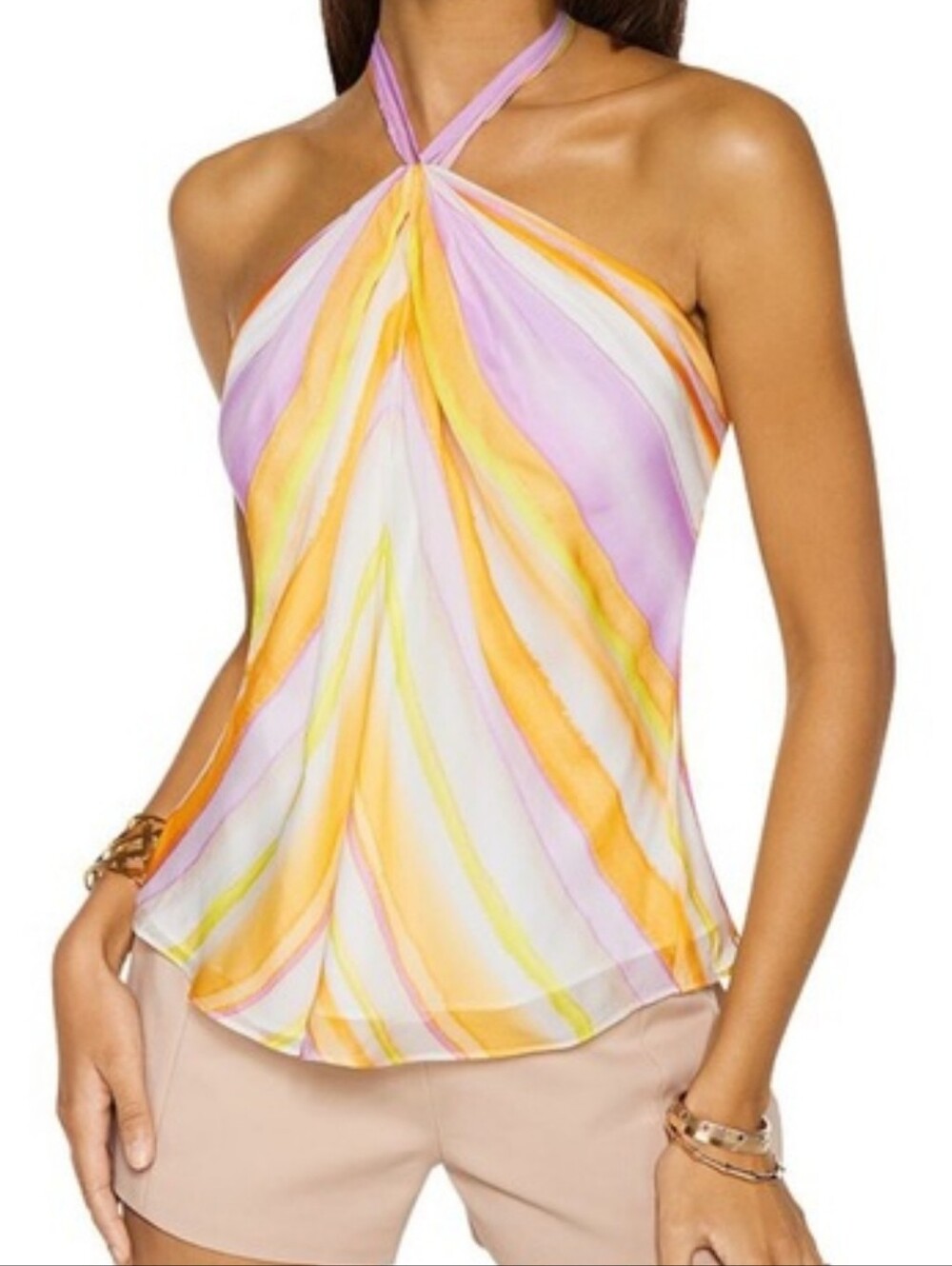 Ramy Brook 100% Silk Fern Stripe Halter Top Pastels S/M
